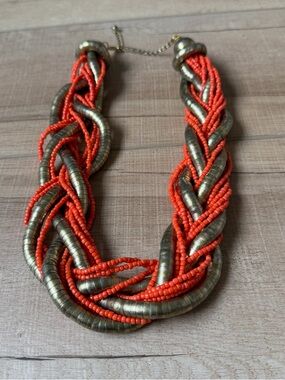Vintage Statement Braided bead necklace Orange and antique gold tones